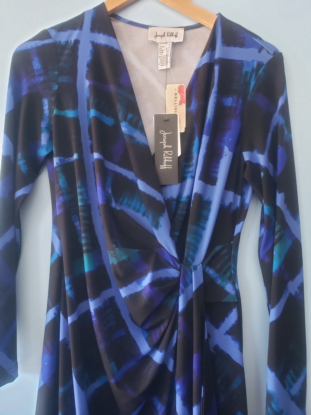 NWT Joseph Ribkoff Wrap Dress Size 8 Blue Black Abstract Print Midi Made in Can